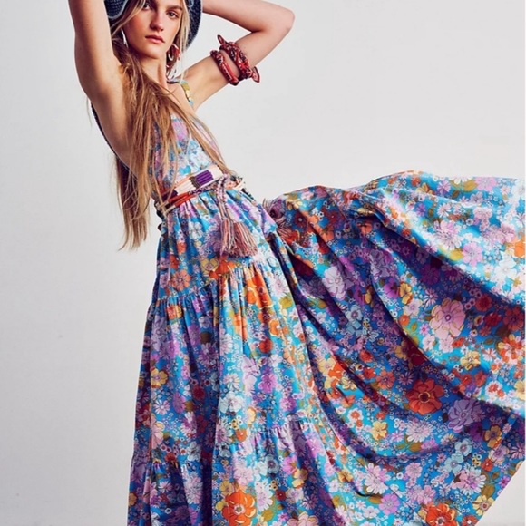 Free People Park Slope Retro Blue Floral Maxi Dress M - Picture 2 of 16